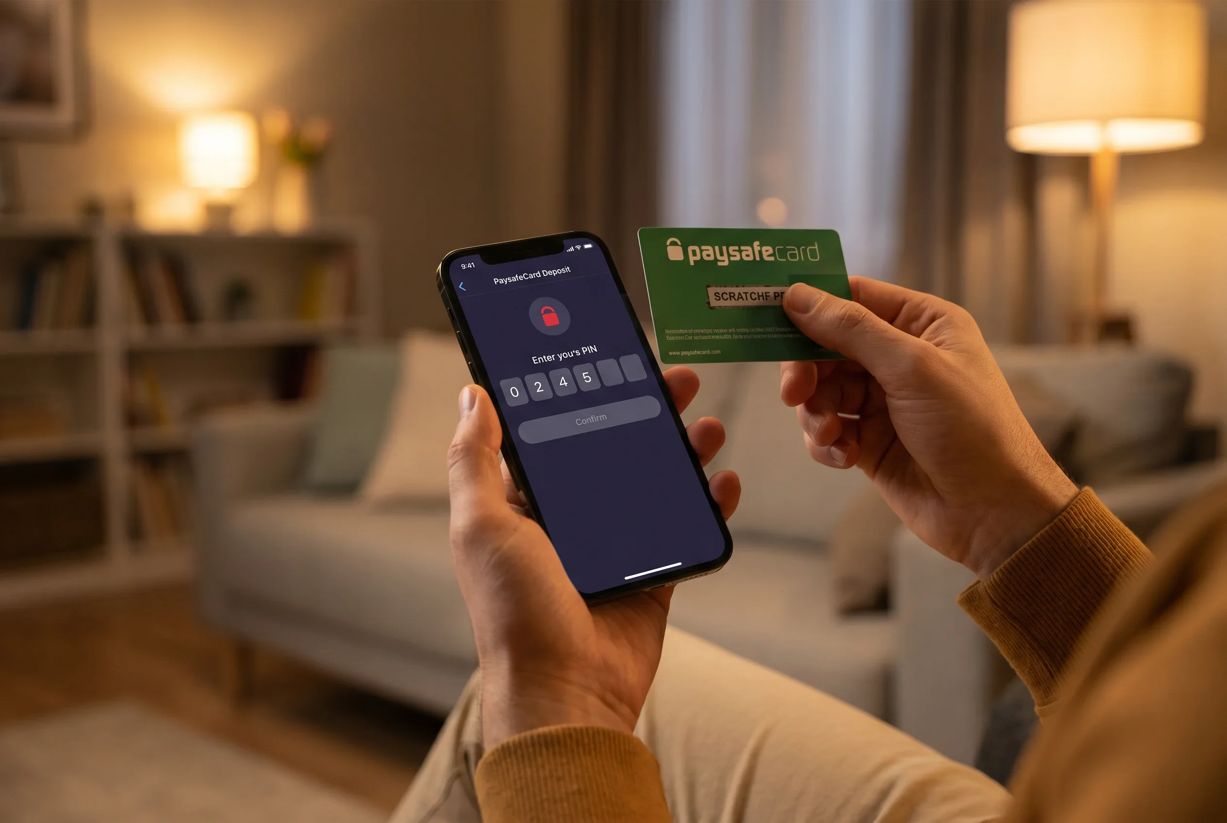 Mobiele telefoon met een bookmaker-app stortingspagina waar een Paysafecard PIN-code wordt ingevoerd