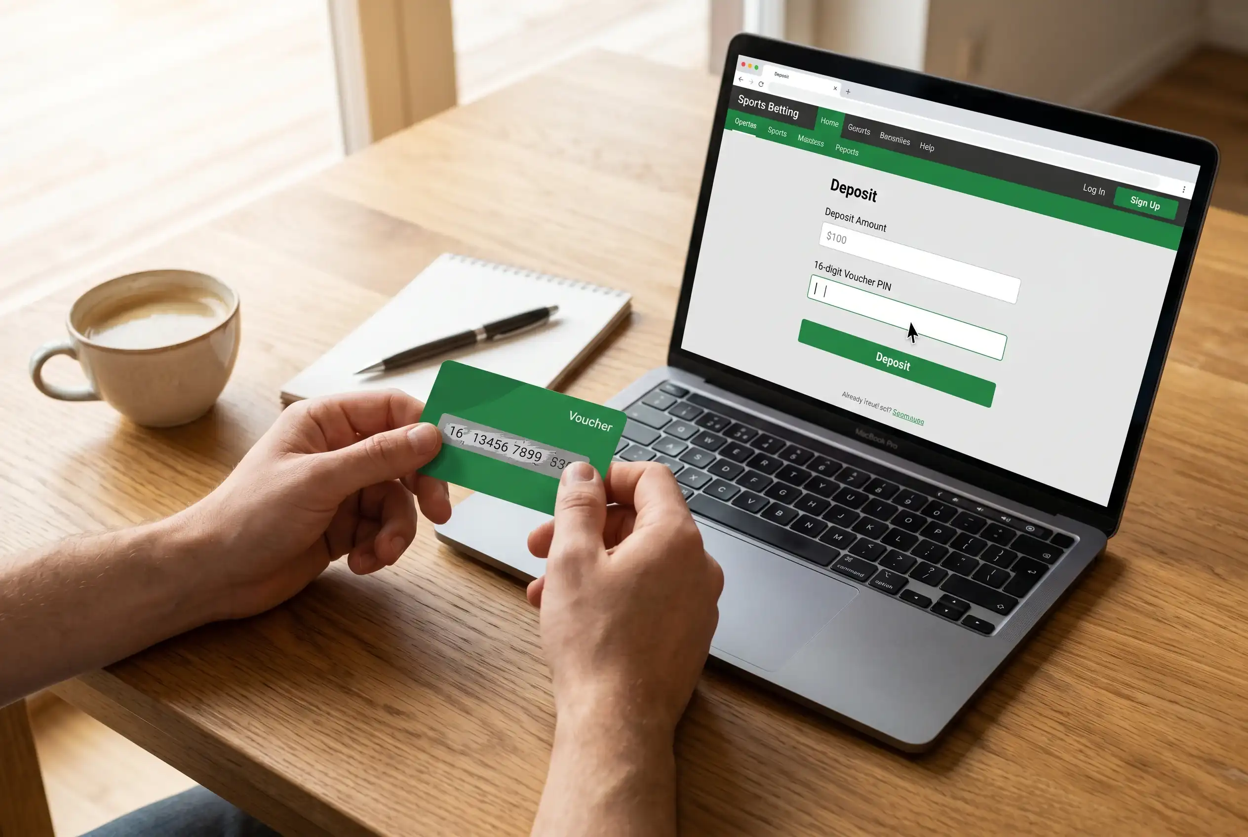 Paysafecard voucher met 16-cijferige PIN-code naast een laptop met een bookmaker stortingspagina