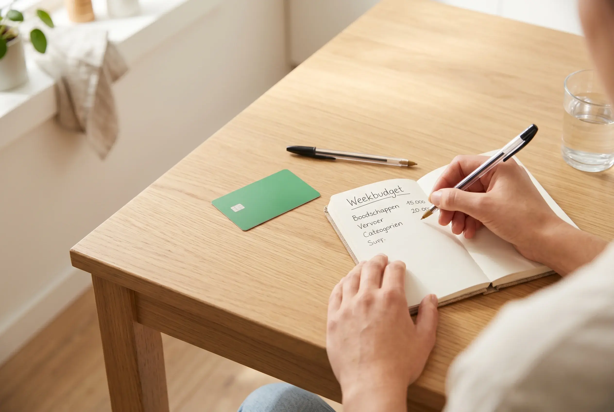 Persoon die een Paysafecard vasthoudt met een notitieboekje met weekbudget voor sportweddenschappen